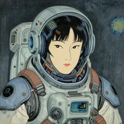 a beautiful ukiyoe painting of cyberpunk battle space pilot, lee jin - eun wearing space techwear, detailed symmetrical close up portrait, intricate complexity, concept art, by wlop, vincent van gogh, cinematic dramatic atmosphere, sharp focus