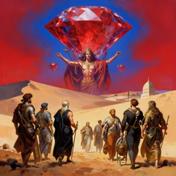 pilgrimage of Desert Deity under crimson azure diamond sky, in the style of Frank Frazetta, Jeff Easley, Caravaggio, extremely clear and coherent, clear lines, 8K revolution