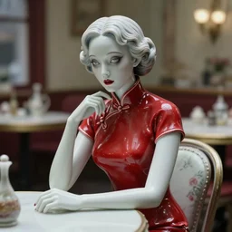 movie still of a beautiful woman made out of porcelain sitting at a table in a cafe, wearing a red cheongsam, smooth white skin, creepy, directed by Guillermo Del Toro