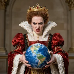 angry queen of england holding the planet