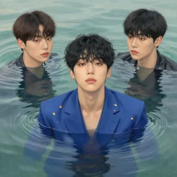 harmony blue jacket, tiny rainbow triangles, black haired yoongi, above water, by wlop, james jean, victo ngai, muted colors, highly detailed, fantasy art by craig mullins, thomas kinkade
