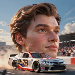 Giant human head on wheels in NASCAR race, photograph
