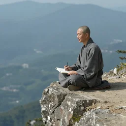 a japanese monk sitting at the edge of a cliff, writing haiku, looking at a beautiful sunset above a lake, trees in distance