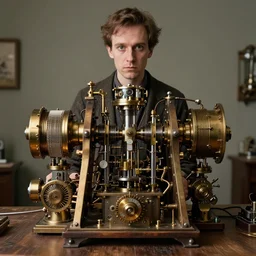 A random pointless contraption ((steampunk)) industrial appliance pneumatic machine with no apparent purpose, being operated by a scholarly looking man with a clear directed gaze, XF IQ4, f/1.4, ISO 200, 1/160s, 8K, RAW, unedited, symmetrical balance, in-frame