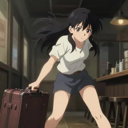key anime visual portrait of a young female with luggage in a tavern interior, dynamic pose, dynamic perspective, cinematic, dramatic lighting, muted colors, fine detail, textured, finely detailed eyes, anime proportions
