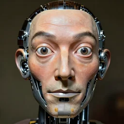 robot face creation in progress, being built piece by piece, part of face covered with human skin, another part is mechanical, epic, symmetric face, highly detailed, intricate details, in the style of salvador dali