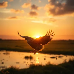 chicken flying into a sunset