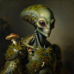 a close - up rococo portrait of an futuristic alien robot being covered in moss, mushrooms, and swamp. gloomy, 1 8 th century masterpiece painting by jean - honore fragonard and moebius.