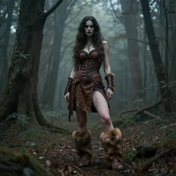 art by steve henderson, savage woman, clothed in brown leather, fur boots, long hair, unwordly, beautiful, ghostly forest