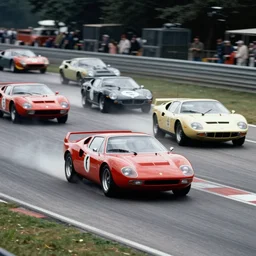 vintage archival race footage of a single 1965 Ferrari F40, with elements of the De Tomaso Pantera, Lotus, GT40, BMW M1, and Countach, movie still, speed, cinematic Panavision 5384 film