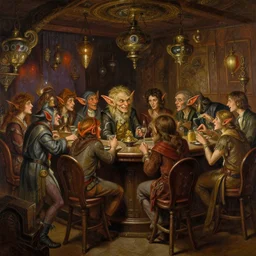 beautiful detailed Harlem Renaissance painting of a 20s fantasy goblin party in ekanite bar that looks like it's from lord of the rings and bazaar by greg rutkowski, marc simonetti,Chris Achilleos,Charles Samuel Addams ,featured on artstation, ultrawide angle,f16