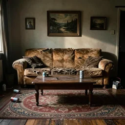 a room, old torn couch, coffee table, some beer cans and garbage, wood floor, large circular rug, stoner artifacts