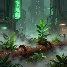 plants growing out of old rusty pipes in a futuristic city, green neon signs, ground covered in mist, detailed cyberpunk illustration