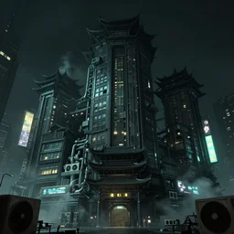 fictional giant chinese style cyberpunk, night, fictional cyber hong kong giant building in traditional chinese architectural style, giant kowloon castle style structure, by unrealengine, lots of asian condensing units : : 1. 6, lighting, fluorescent, slight neon, signs, kowloon castle and hong kong lots of wind, billboards : : 1. 5, steam, plumbing, monochromatic, black, teal, slight neon yellow