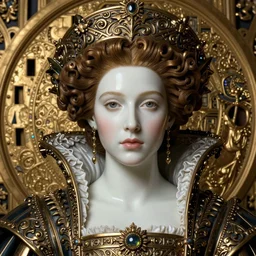 face centered portrait, artwork by james jean, hyperdetailed realistic smooth polished porcelain, beautiful medieval queen, jean delville, art nouveau, gustav klimt, ornate dark bronze heavy patina gothic icon, james jean, ultrasharp hyperdetailed photorealistic octane render, iris van heppen, visionary, whimsical