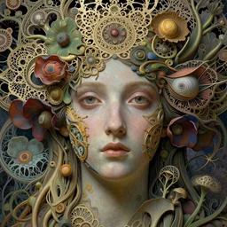 detailed realistic beautiful anodized goddess face portrait by jean delville, gustave dore, iris van herpen and marco mazzoni, art forms of nature by ernst haeckel, art nouveau, symbolist, visionary, gothic, neo - gothic, pre - raphaelite, fractal lace, intricate alien botanicals, biodiversity, surreality, hyperdetailed ultrasharp octane render