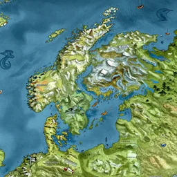 a detailed medieval map of the orkney islands in scotland, very colorful, hills, boats, sea monsters, cartography