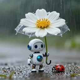 a cute tiny robot holds a big flower up like an umbrella, a ladybug is beside the robot, raining, award winning macro photography, kodachrome, dramatic lighting