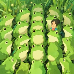 wide shot of many cute frogs. Alexandra Fomina artstation, Ilya kushinov, by Renato Muccillo, Andreas Rocha, James Gurney, guillaume tholly, Gthl.art, Makoto Shinkai, Miyazaki, Breath of the wild, Simon Stålenhag, studio ghibli. Trending on ArtStation. award winning, digital 2D, painterly style, flat Illustration, high contrast