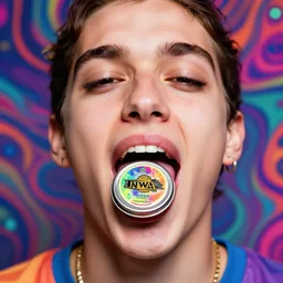 a colorful vibrant closeup portrait of NWA licking a tab of LSD acid on his tongue and dreaming psychedelic hallucinations, by kawase hasui, moebius, Edward Hopper and James Gilleard, Zdzislaw Beksinski, Steven Outram colorful flat surreal design, hd, 8k, artstation