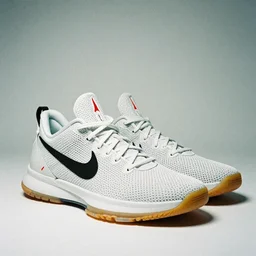 a studio photoshoot of Nike Off-white Lebron 16 sneakers designed by Virgil Abloh, knitted mesh material, gum rubber outsole, realistic, color film photography by Tlyer Mitchell, 35 mm, graflex