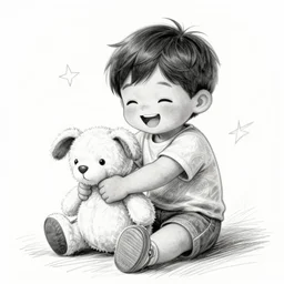 a kid squeezing a plushy happily, pencil sketch