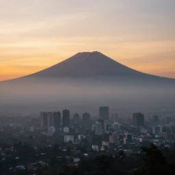 sumeru mountain in indonesia, landscape, aesthetic, sunset, modern city, foggy, trending on artstation, realistic