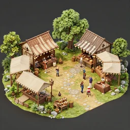 a beautiful highly detailed display of a fantasy small medieval open exterior market