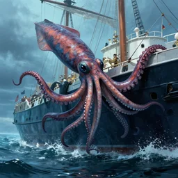 a giant squid attacking a ship, its tentacles wrapping around the ship, the squids head peaking out of the water, trending on artstation, highly detailed, dramatic lighting