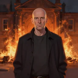 an artstation trending portrait painting of a bald english man standing in front of a building on fire