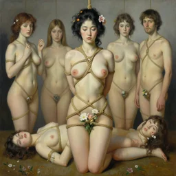 pop surrealism, lowbrow art, realistic seductive cute woman painting, japanese shibari with flowers, hyper realism, muted colours, rococo, natalie shau, loreta lux, tom bagshaw, mark ryden, trevor brown style,