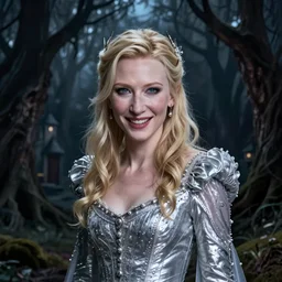 portrait of mischievous, baleful young Cate Blanchett as Galadriel as a queen of fairies, dressed in a beautiful silver dress. The background is a dark, creepy eastern europen forrest.  night, horroristic shadows, high contrasts, lumnious, theatrical, character concept art by ruan jia, thomas kinkade, and J.Dickenson, trending on Artstation