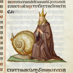Illuminated manuscript of a medieval snail dressed in a monk robe enjoying a beer and snacks in a monastery garden