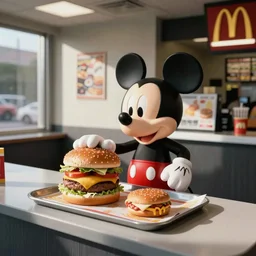 Mickey Mouse ordering a burger at the counter of a McDonalds, analog photography