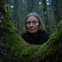 a movie still by tarkovsky close - up of an elder woman in a heavy burning forest mossy by night, cinestill 8 0 0 t 3 5 mm, heavy grain, high quality, noir, natural textures, photorealistic, natural textures, ambient occlusion, hd, fog, criterion collection