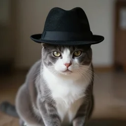 photography of a gentleman cat with gray back and legs, white muzzle and underside with a black fedora!!! on its head, photorealistic, 4 k, ultra detailed, hd, cinematic composition
