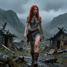 a beautiful girl, messy long red hair and wet grey tribal clothes, short torn up pants, she is walking on a mountain, a very poor old shanti town with wooden ruins, medieval time, heavy rain, late at night, mist, cinematic, highly detailed, powerful, cinematic, beautifully lit, by artgerm, by karol bak, 3 d, trending on artstation, octane render, 8 k