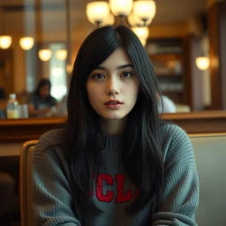 a photograph of a nerdy young woman from ucla wearing a sweater, sitting in a cozy cafe, black hair, dof, sharp focus, highly detailed face, symmetric face, realistic iris, cinestill 8 0 0 t, photography by paolo roversi