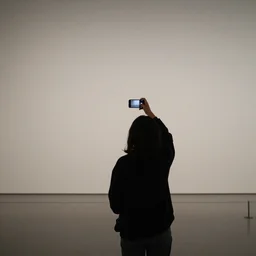 person seen from behind standing in empty gallery, contemplating at empty opposite wall, smartphone screen in hand overhead, 4k