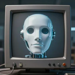 a robot face on an old fashioned monitor screen. photo realistic, hyper detailed, trending on artstation, unreal engine 5, octane render, 8 k