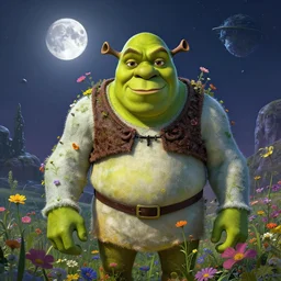 a fantastic hyperdetailed 3 d matte painting of shrek partially covered in overgrowing wildflowers on an alien planet under arctic moonlight by moebius by beeple by by jakub rozalski by paul lehr by dan mumford