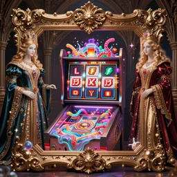 baroque rococo-style bedazzled gothic royalty frames surrounding an slots pinball machine of pixelsort energy drink made out of glowing ooze, radioactive candy worms, and fairy magick.