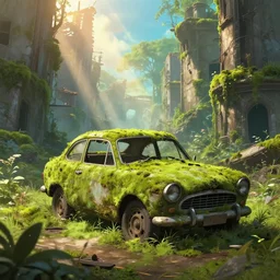 a abandoned ruined and mossy car in the middle of a ruined and mossy city, pixar and disney style, ghibli studio, masterpiece, high quality, highly detailed, high coherence, path traced, bloom, godrays crossing the scene, complementary colors, apocaliptic ambient, beautiful, elegant, breathtaking landscape, cute