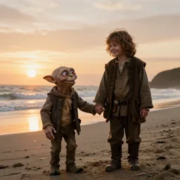 gollum and samwise gamgee on a beach, holding hands, smiling, sunset, ultra realistic, cinematic