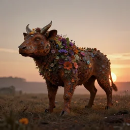 a rusty animal made of retrofuturistic and flowers, sunset, hazy, volumetric lighting, rtx on, washed out dark colors, an award - winning digital render, beautiful, stunning, ultradetailed, great composition