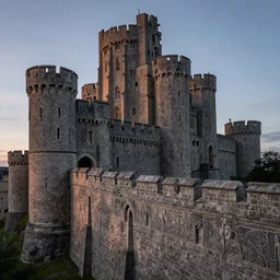 city of king's landing by greg rutkowski, moebius and sam kieth, complex stonework, ramparts, bulwarks, granite architecture, art nouveau ironwork and engraving, huge towering castle, at dusk