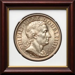 a photorealistic photograph of a framed 1787 Brasher Doubloon coin at auction. This 4K HD image is Trending on Artstation, featured on Behance, well-rendered, extra crisp, features intricate detail and the style of Unreal Engine.