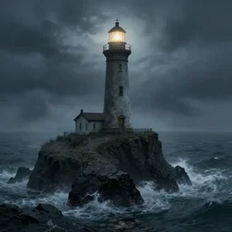 digital lovecraftian art of a lighthouse on a craggy cliff protruding from the sea, surrounded by waves. it is night and it is foggy and stormy, trending on artstation