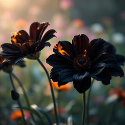 hyper realistic black flowers with fire texture on the petals in the garden, beaultiful background, vibrant colors, bokeh, illustrated by greg rutkowski, beautiful volumetric lighting, intricate, ultra detailed, photorealistic, trending on artstation, octane render, 8 k
