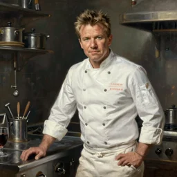 Gordon Ramsay wearing a chef uniform in a kitchen, medium long shot, oil painting, classicism style